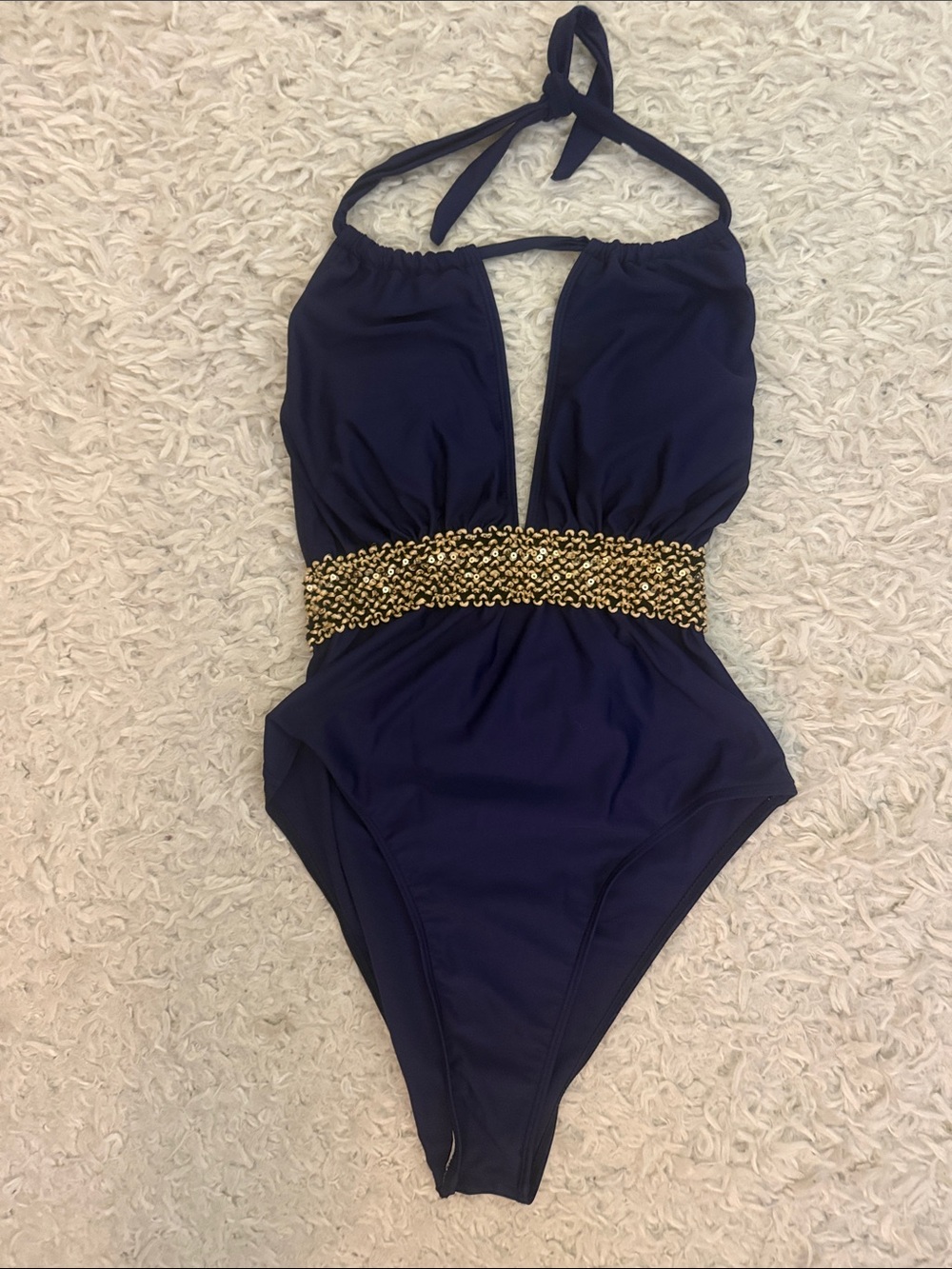 Navy Women’s One-Piece Swimsuit with Gold Waistband